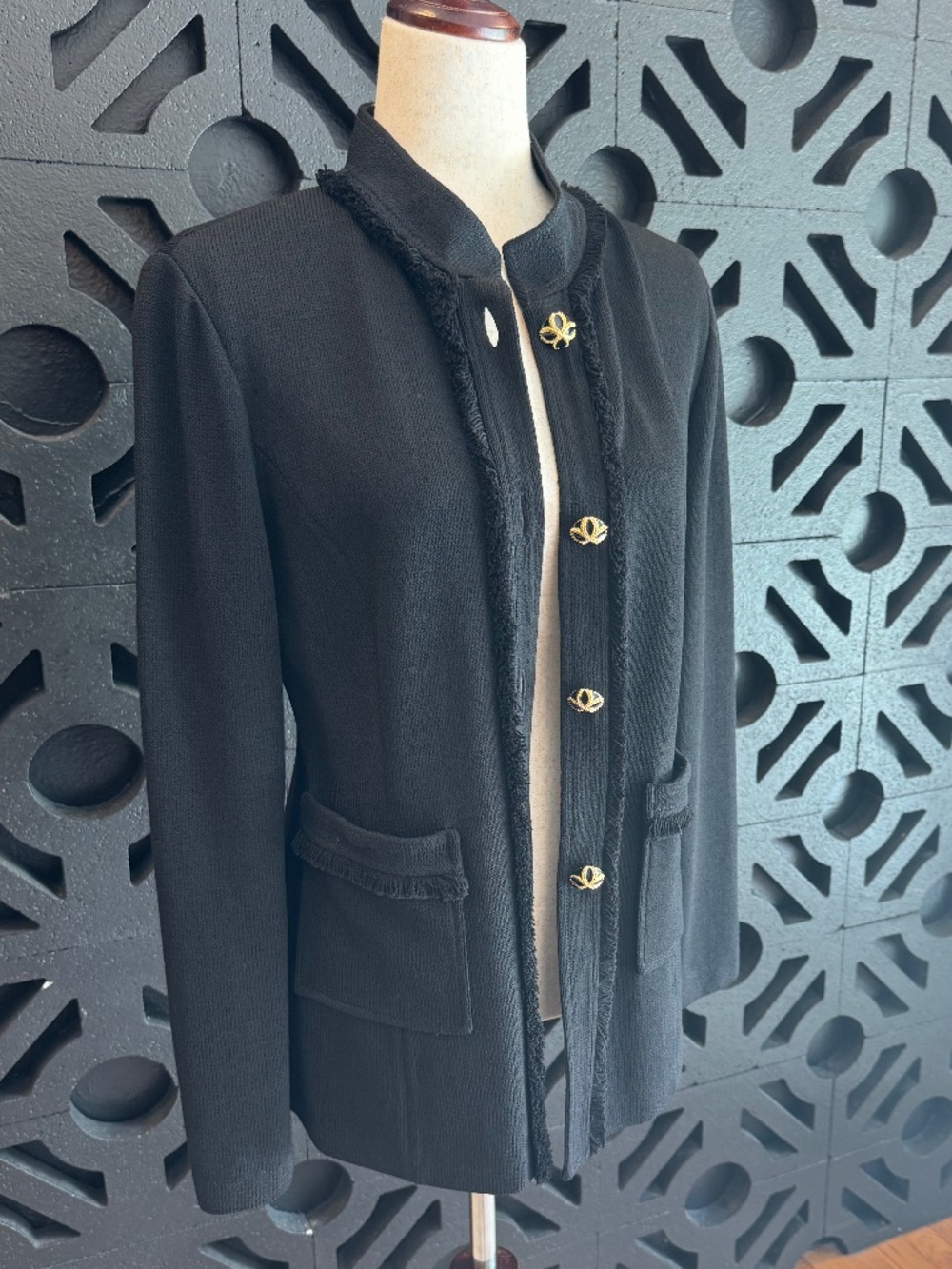 St. John Santana Knit Black Fringe Jacket Gold Knot Buttons Size 8